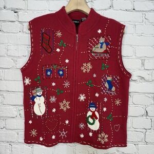 Erika Christmas Vest Women's XL Full Zip Embellished Holiday Embroidered Grandma